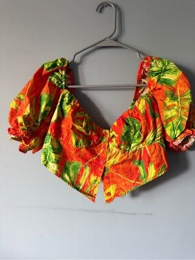 SHEIN Tropical Puff-Sleeve Crop Top - Orange & Green